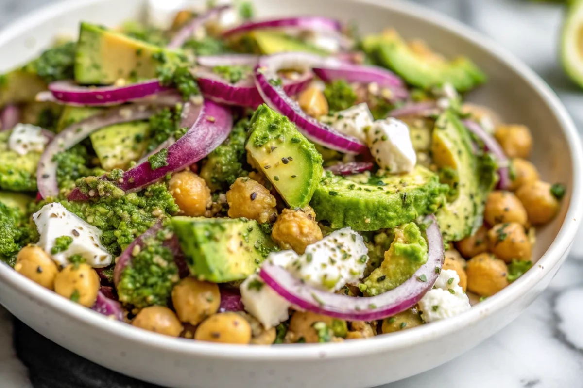 Chickpea feta avocado salad with fresh herbs and red onions, garnished with lemony dressing.