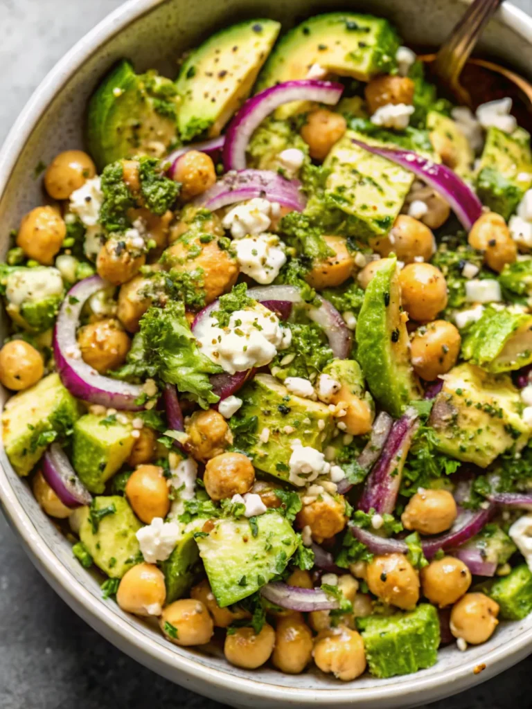 Chickpea feta avocado salad with fresh herbs and red onions, garnished with lemony dressing.