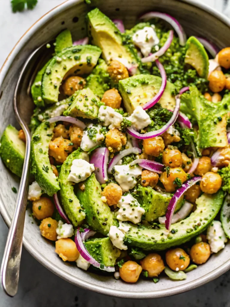 Chickpea feta avocado salad with fresh herbs and red onions, garnished with lemony dressing.