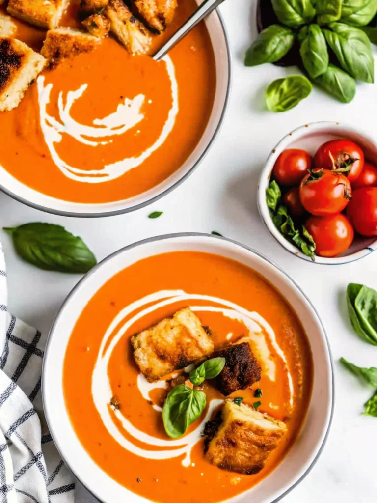 Roasted tomato soup with fresh tomatoes, creamy swirl, and crispy grilled cheese croutons topped with fresh basil.
