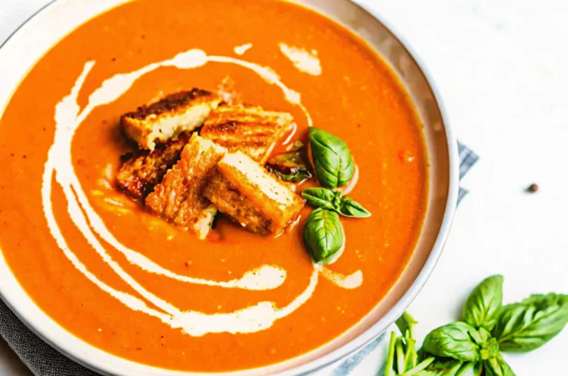 Roasted tomato soup with fresh tomatoes, creamy swirl, and crispy grilled cheese croutons topped with fresh basil.
