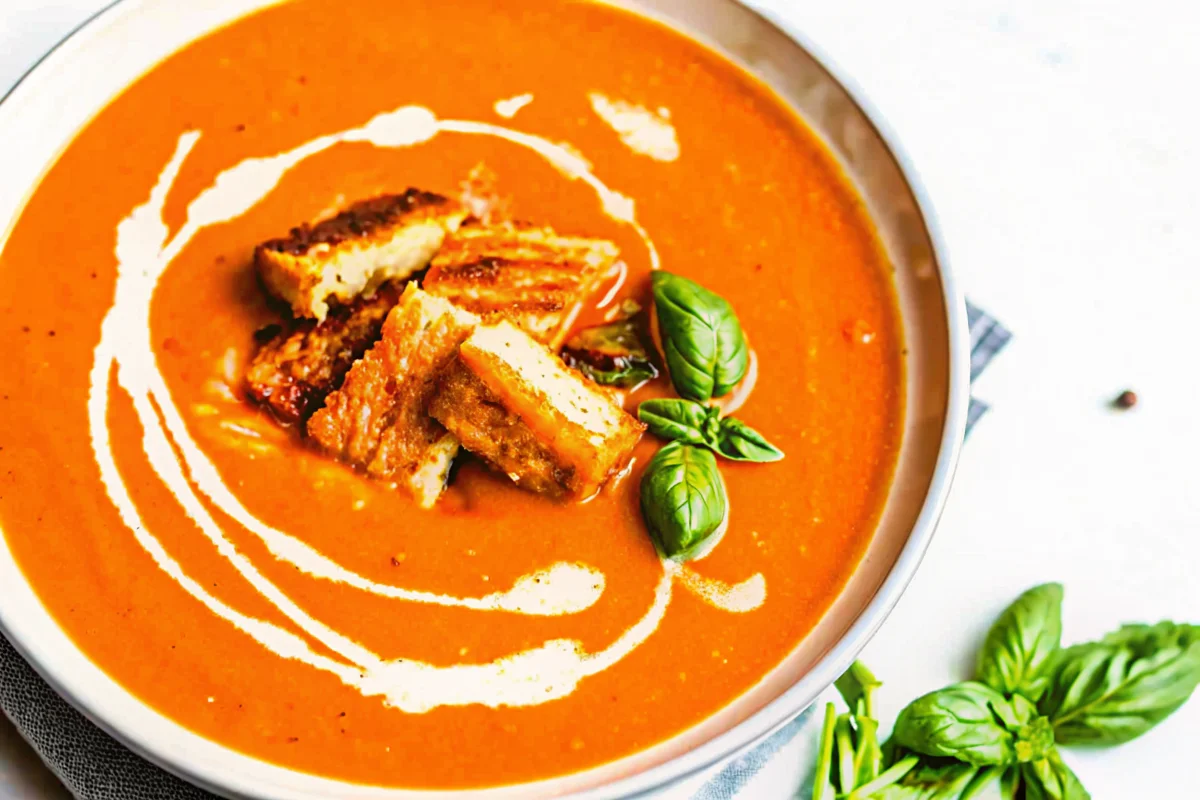 Roasted tomato soup with fresh tomatoes, creamy swirl, and crispy grilled cheese croutons topped with fresh basil.
