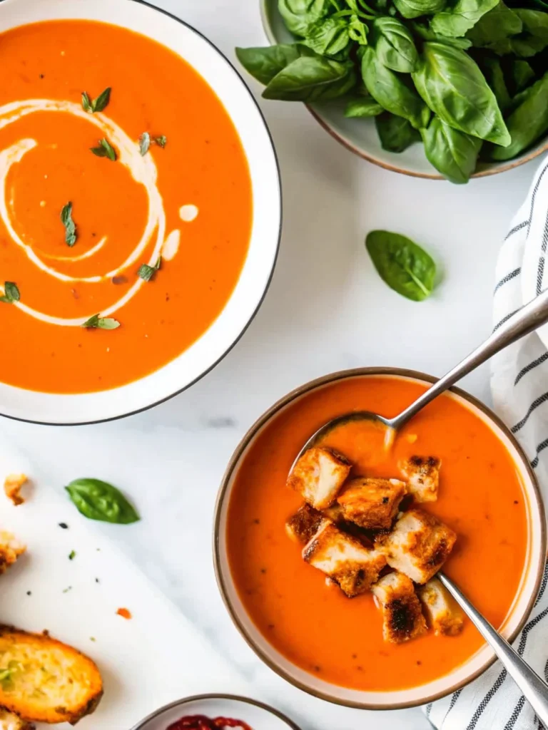 Roasted tomato soup with fresh tomatoes, creamy swirl, and crispy grilled cheese croutons topped with fresh basil.