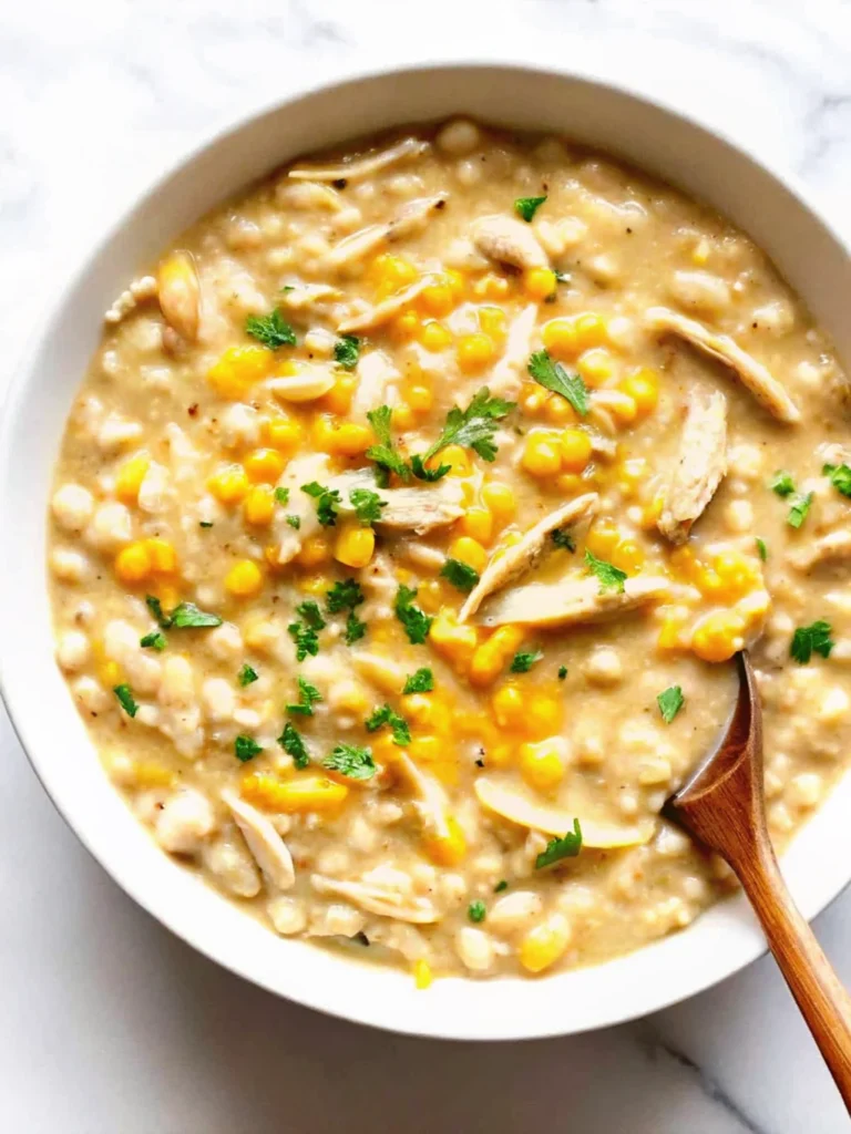 Bowl of creamy chicken corn chowder with shredded chicken, sweet corn, and fresh herbs.
