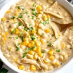 Bowl of creamy chicken corn chowder with shredded chicken, sweet corn, and fresh herbs.