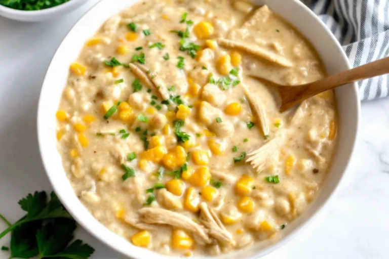 Bowl of creamy chicken corn chowder with shredded chicken, sweet corn, and fresh herbs.