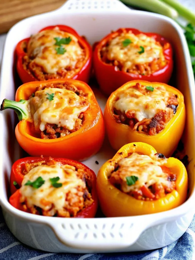 Baked stuffed bell peppers filled with seasoned ground meat, topped with melted cheese, and garnished with fresh parsley in a white baking dish.