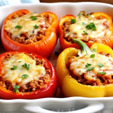 Baked stuffed bell peppers filled with seasoned ground meat, topped with melted cheese, and garnished with fresh parsley in a white baking dish.