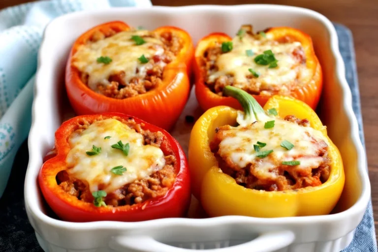 Baked stuffed bell peppers filled with seasoned ground meat, topped with melted cheese, and garnished with fresh parsley in a white baking dish.