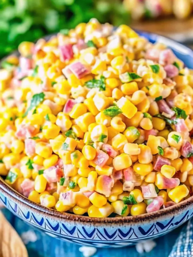 Creamy corn salad with diced red bell pepper, onions, and fresh herbs served in a blue bowl.