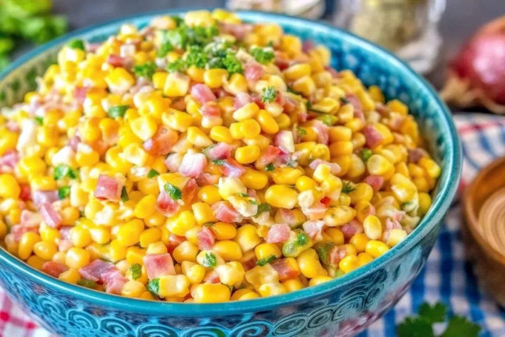 Creamy corn salad with diced red bell pepper, onions, and fresh herbs served in a blue bowl.