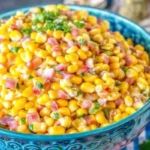 Creamy corn salad with diced red bell pepper, onions, and fresh herbs served in a blue bowl.
