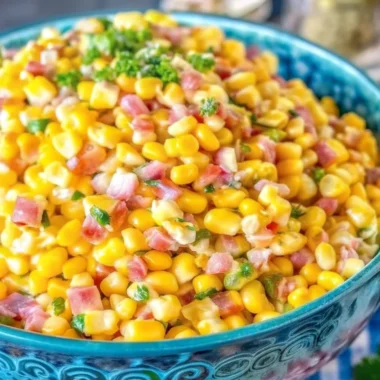 Creamy corn salad with diced red bell pepper, onions, and fresh herbs served in a blue bowl.