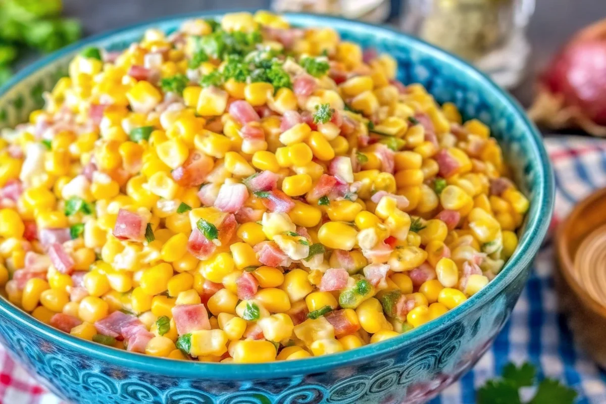 Creamy corn salad with diced red bell pepper, onions, and fresh herbs served in a blue bowl.