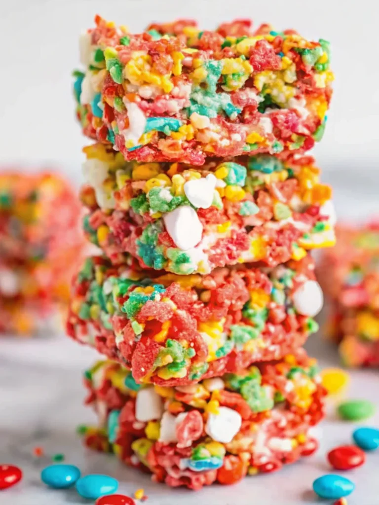 Fruity Pebbles rice crispy treats with gooey marshmallow and colorful cereal pieces.