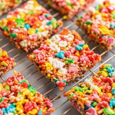 Fruity Pebbles rice crispy treats with gooey marshmallow and colorful cereal pieces.