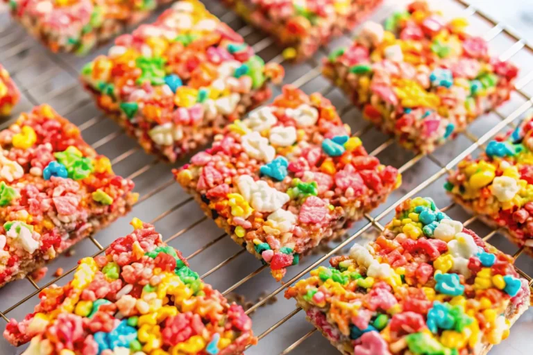 Fruity Pebbles rice crispy treats with gooey marshmallow and colorful cereal pieces.
