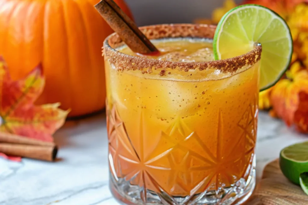 Pumpkin spice margarita with a cinnamon sugar rim, ice, lime wedge, and cinnamon stick served in a crystal glass.