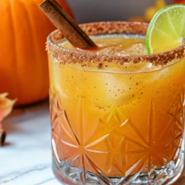 Pumpkin spice margarita with a cinnamon sugar rim, ice, lime wedge, and cinnamon stick served in a crystal glass.
