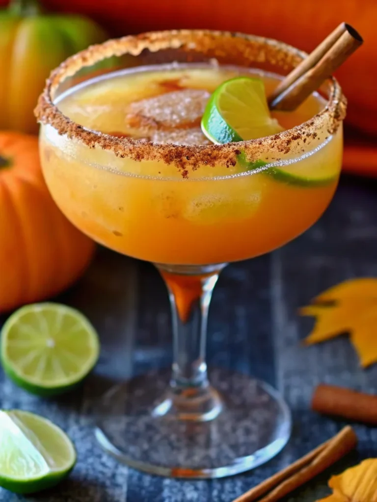 Pumpkin spice margarita with a cinnamon sugar rim, ice, lime wedge, and cinnamon stick served in a crystal glass.