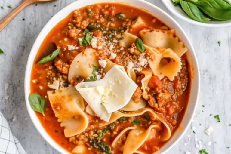 Hearty lasagna soup in a gray pot topped with melted cheese and fresh herbs, showcasing layers of pasta, ground beef, and creamy cheese blend