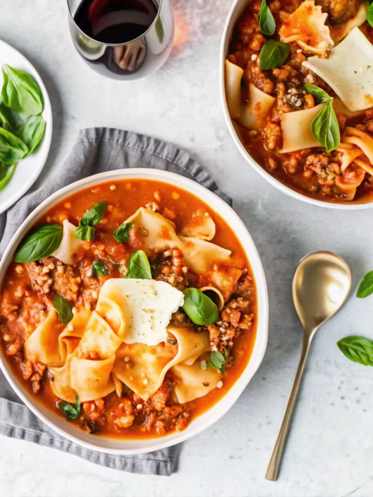 Hearty lasagna soup in a gray pot topped with melted cheese and fresh herbs, showcasing layers of pasta, ground beef, and creamy cheese blend