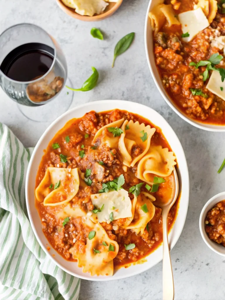 Hearty lasagna soup in a gray pot topped with melted cheese and fresh herbs, showcasing layers of pasta, ground beef, and creamy cheese blend