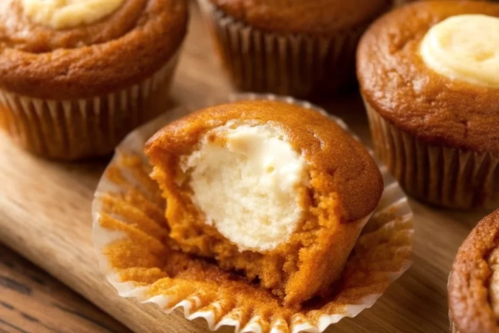 Freshly baked Starbucks pumpkin cream cheese muffins with a golden, soft texture and a gooey cream cheese center.