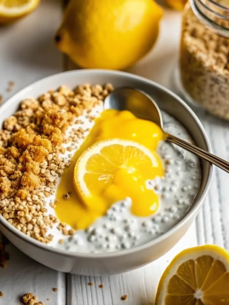 Lemon Cheesecake Overnight Oats served in mason jars with graham cracker topping and fresh lemon