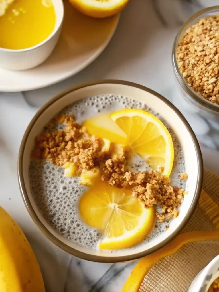 Lemon Cheesecake Overnight Oats served in mason jars with graham cracker topping and fresh lemon
