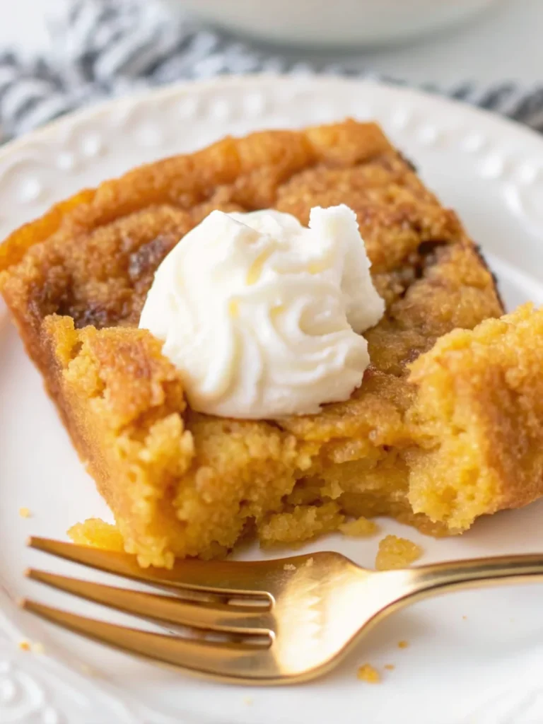Slice of keto pumpkin cake with gooey butter topping on white plate with fork, showing moist texture and golden color