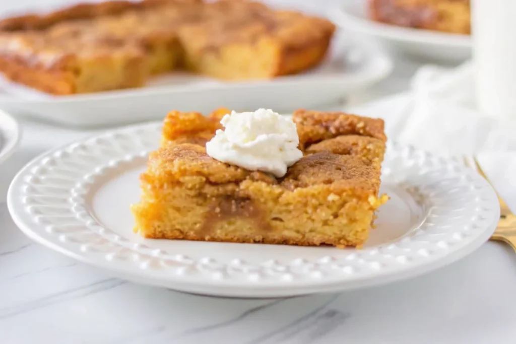 Slice of keto pumpkin cake with gooey butter topping on white plate with fork, showing moist texture and golden color