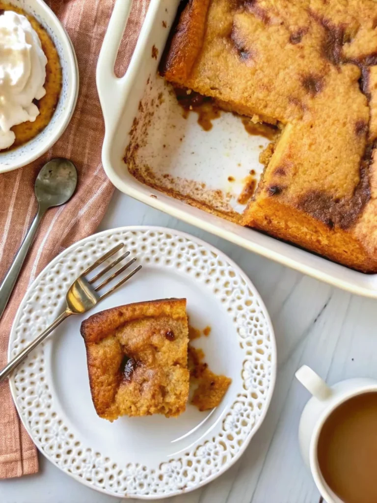 Slice of keto pumpkin cake with gooey butter topping on white plate with fork, showing moist texture and golden color