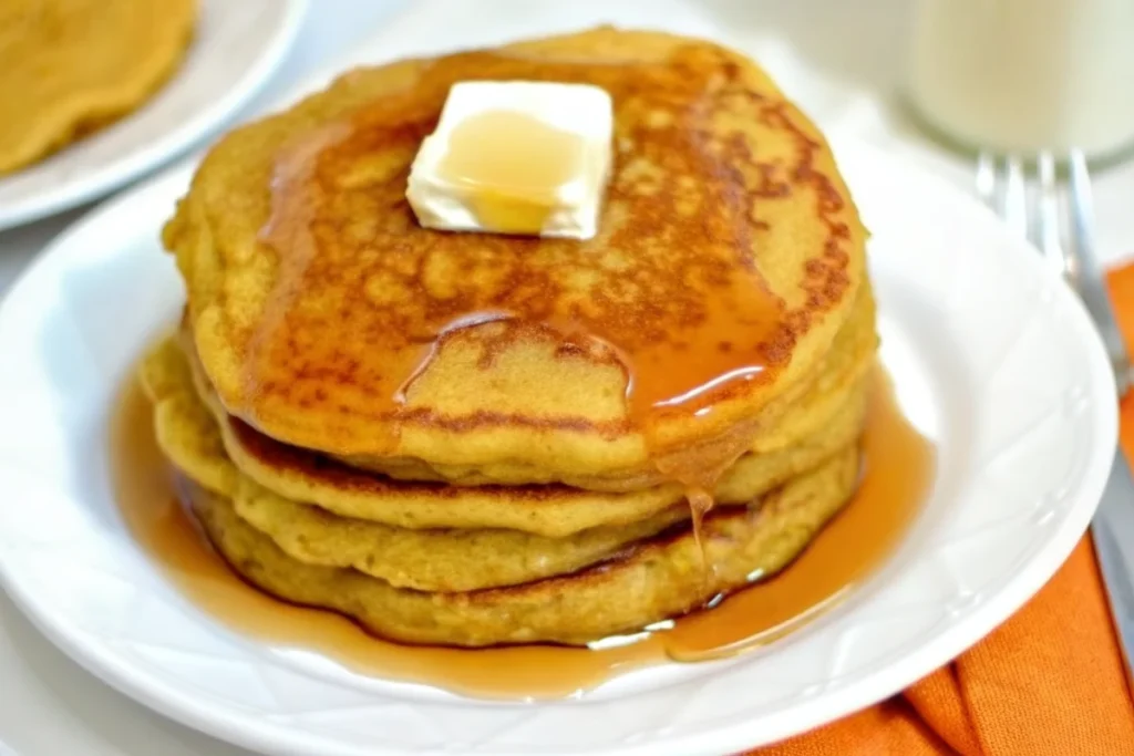 Fluffy golden low-carb pumpkin pancakes stacked on a white plate with butter and sugar-free syrup, showcasing this keto pumpkin recipe's perfect texture and autumn colors