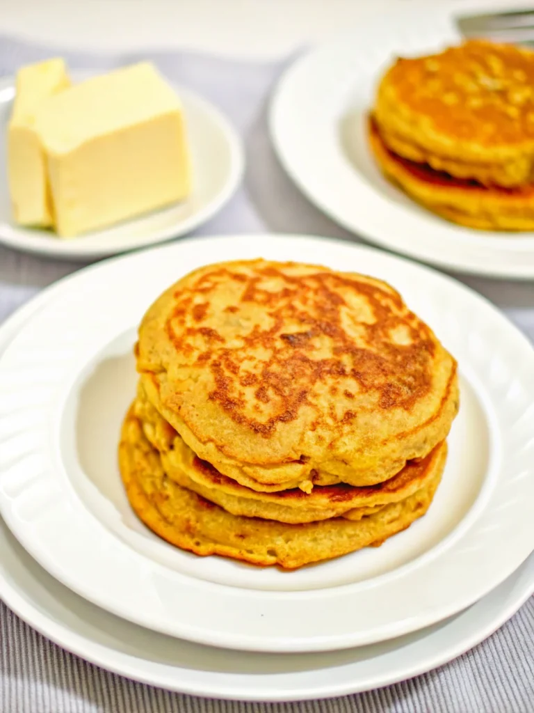 Fluffy golden low-carb pumpkin pancakes stacked on a white plate with butter and sugar-free syrup, showcasing this keto pumpkin recipe's perfect texture and autumn colors