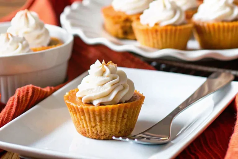 Keto pumpkin recipe mini pies with almond flour crust and sugar-free whipped cream on white plate