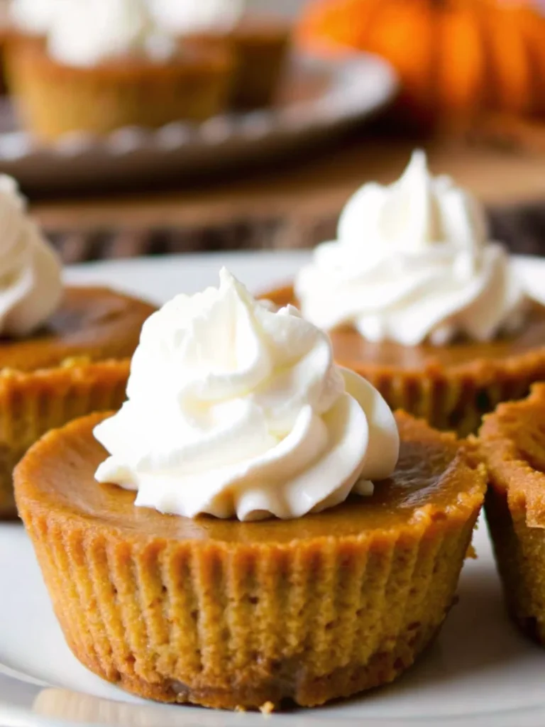 Keto pumpkin recipe mini pies with almond flour crust and sugar-free whipped cream on white plate