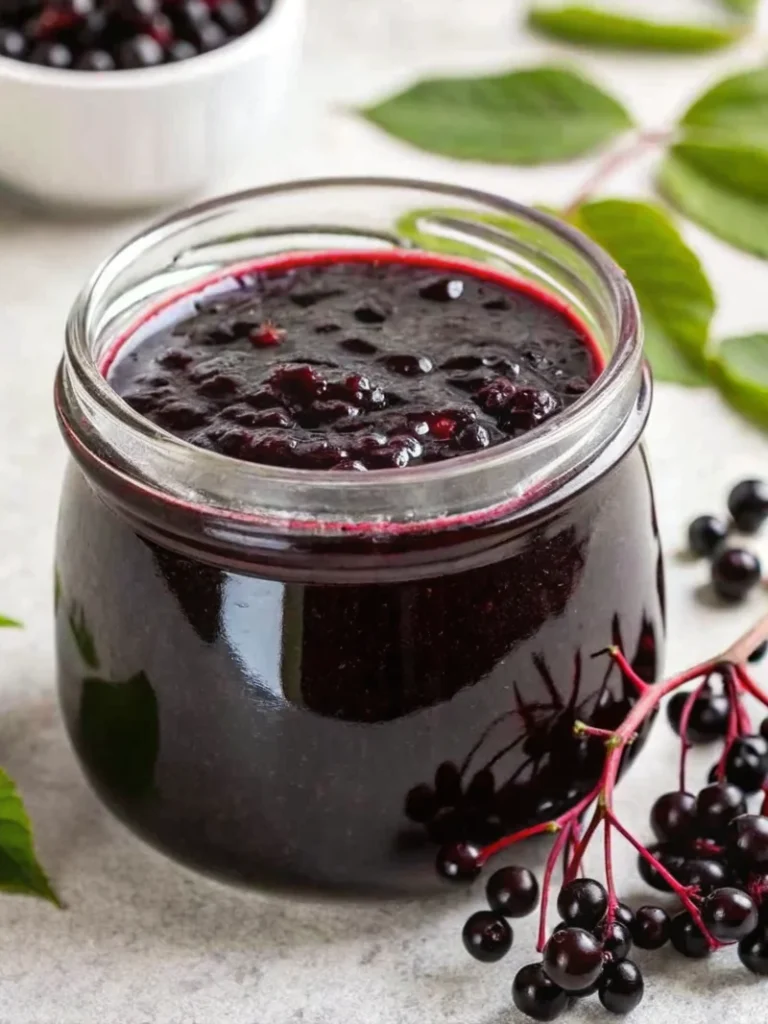 Homemade elderberry syrup recipe in glass jar with fresh elderberries, cinnamon stick, and honey on wooden background