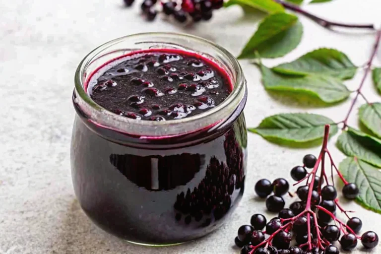 Homemade elderberry syrup recipe in glass jar with fresh elderberries, cinnamon stick, and honey on wooden background