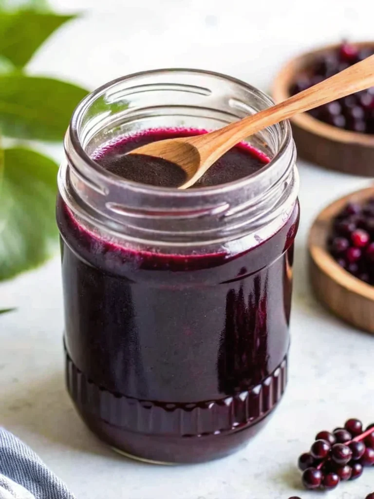 Homemade elderberry syrup recipe in glass jar with fresh elderberries, cinnamon stick, and honey on wooden background