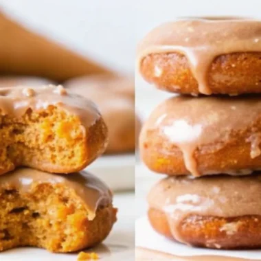 Freshly baked pumpkin donuts with maple glaze on cooling rack, golden brown color, fall baking recipe