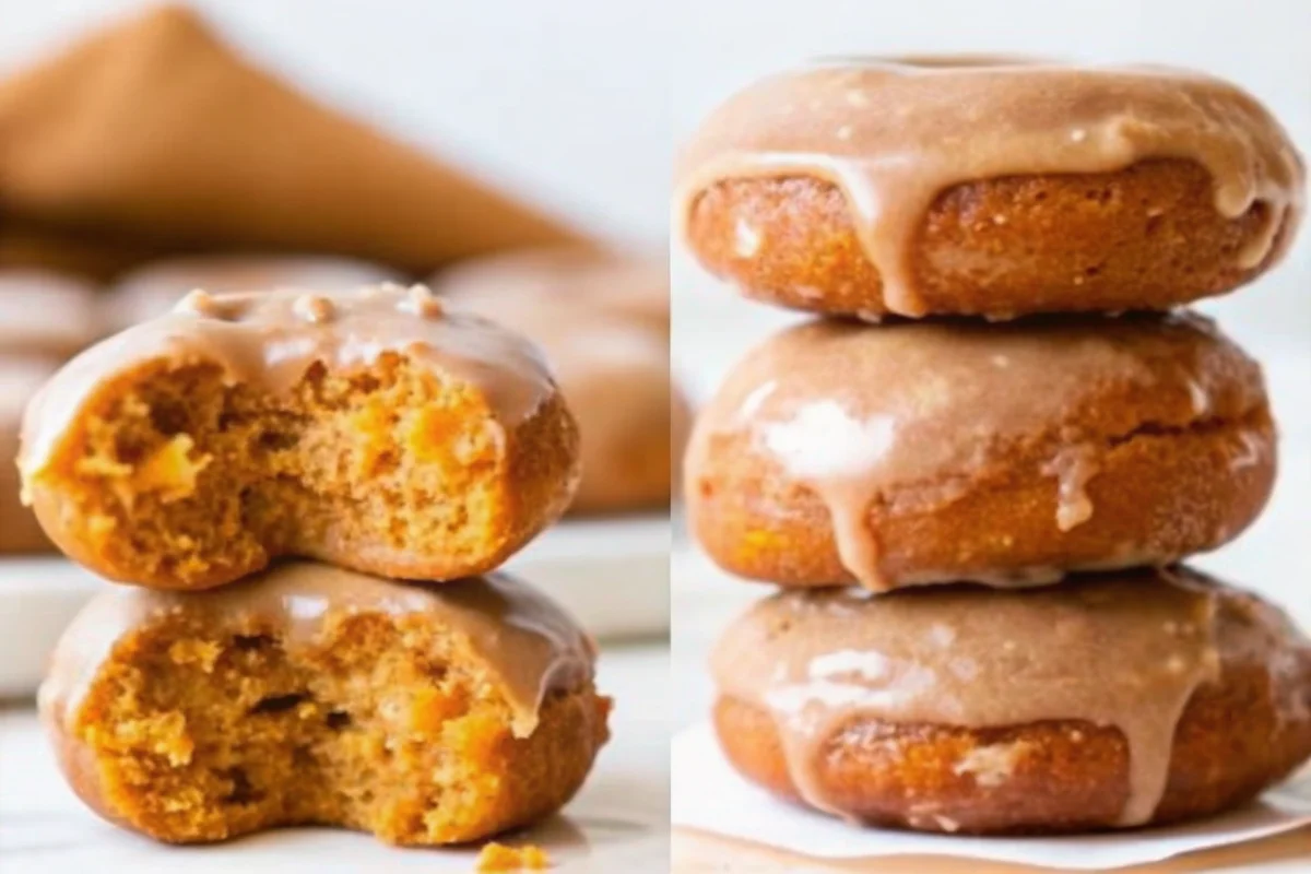 Freshly baked pumpkin donuts with maple glaze on cooling rack, golden brown color, fall baking recipe