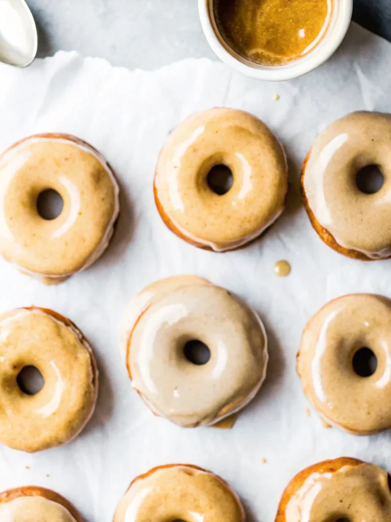Freshly baked pumpkin donuts with maple glaze on cooling rack, golden brown color, fall baking recipe