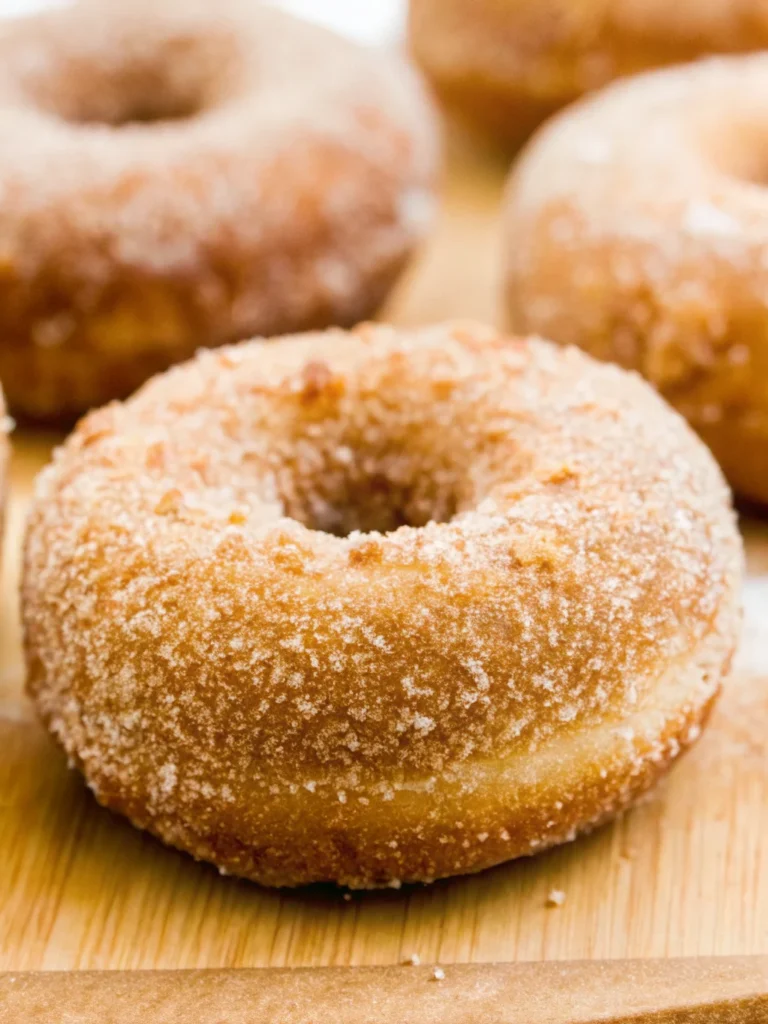 Golden brown baked pumpkin donuts coated in cinnamon sugar arranged on white plate with fall decorations