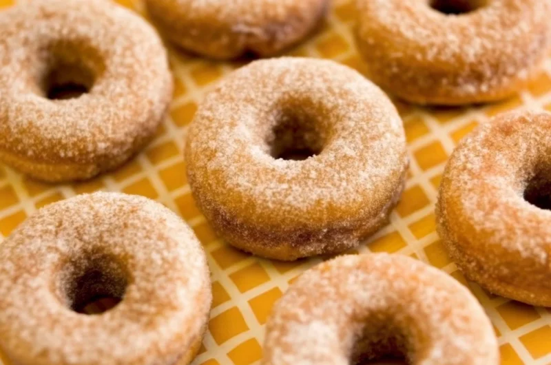 Golden brown baked pumpkin donuts coated in cinnamon sugar arranged on white plate with fall decorations