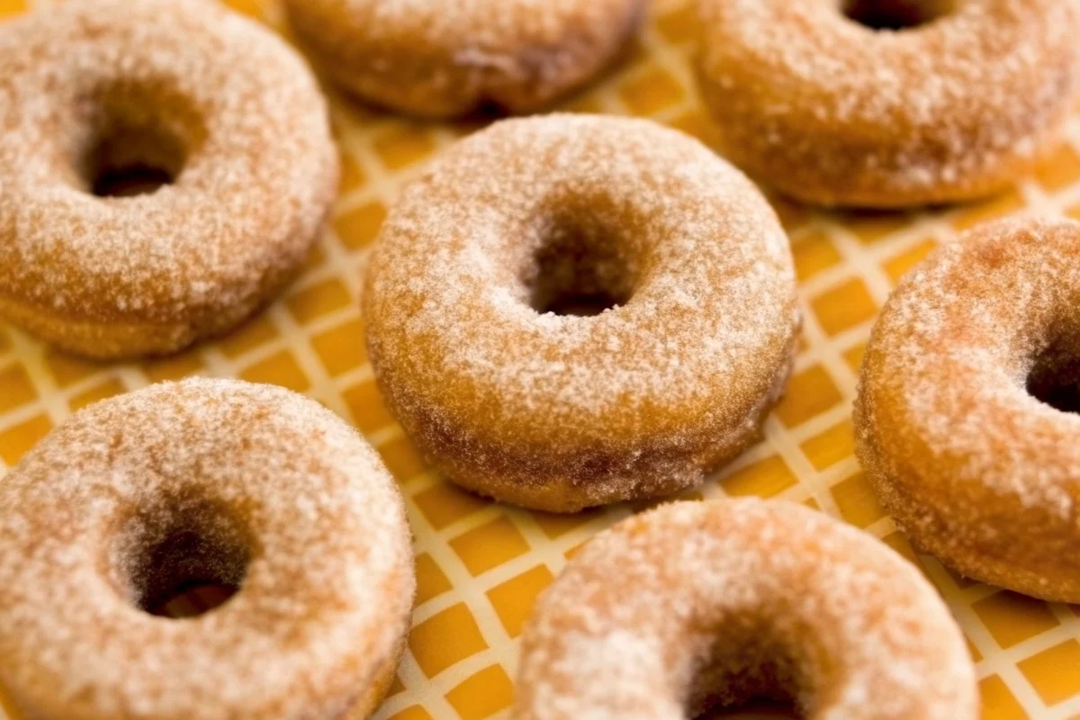 Golden brown baked pumpkin donuts coated in cinnamon sugar arranged on white plate with fall decorations