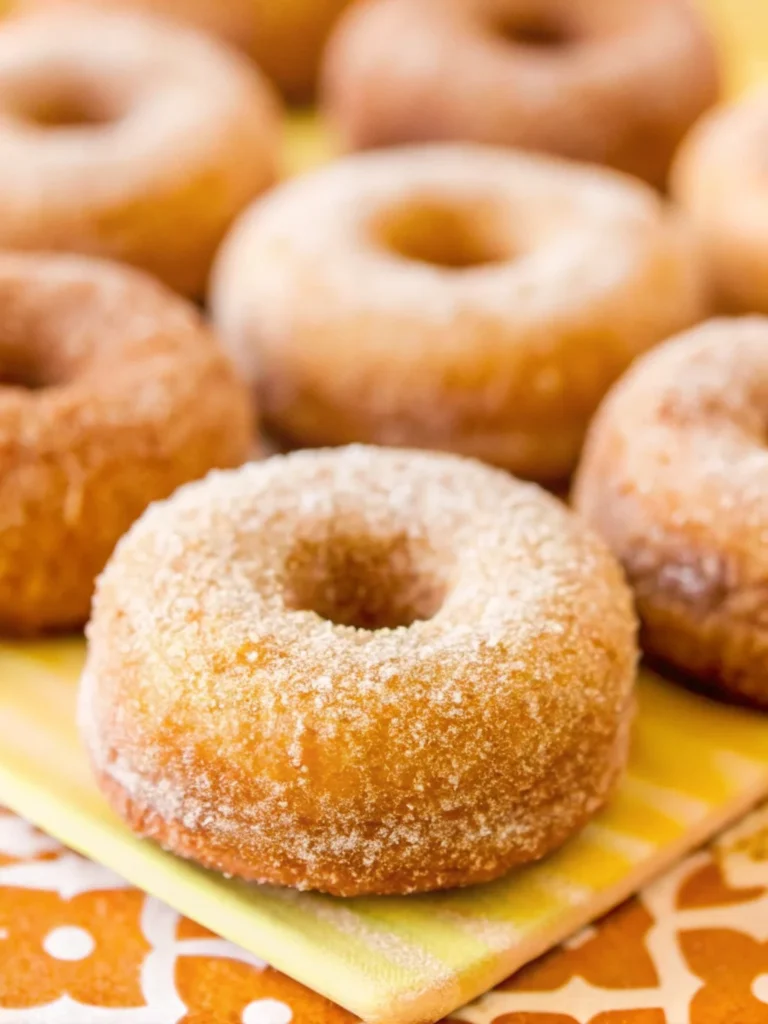 Golden brown baked pumpkin donuts coated in cinnamon sugar arranged on white plate with fall decorations