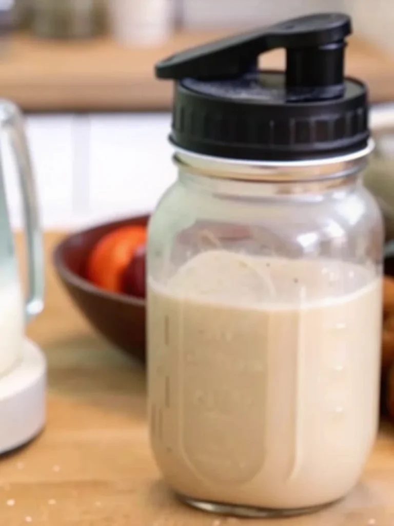 Homemade pumpkin creamer being poured into a white coffee mug with steam rising, showing the rich orange color and creamy texture of the fall-spiced coffee additive