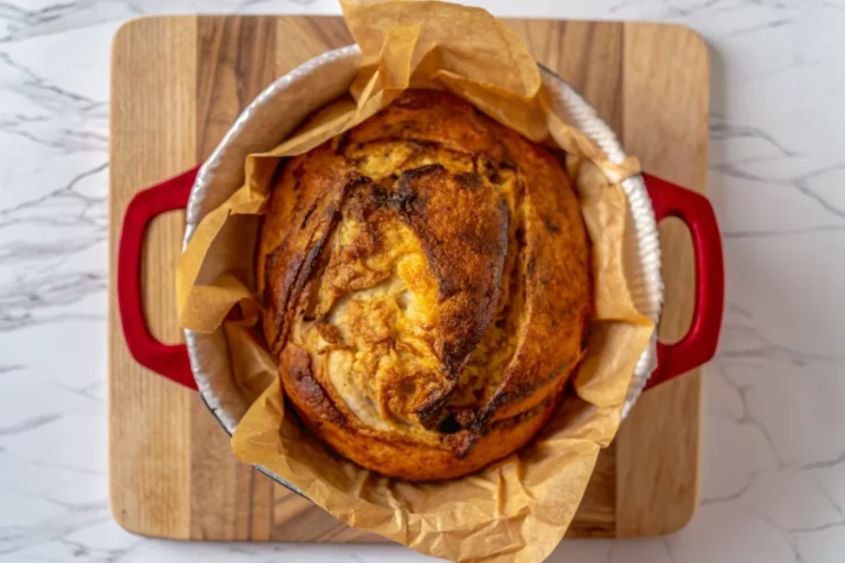 Golden pumpkin sourdough bread loaf with cranberries and pumpkin pie spice, sliced on wooden cutting board showing orange-colored crumb structure