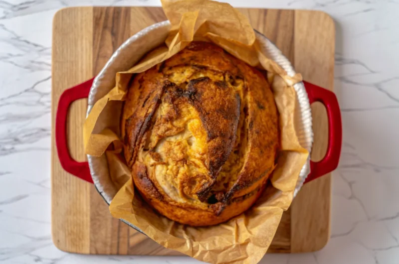 Golden pumpkin sourdough bread loaf with cranberries and pumpkin pie spice, sliced on wooden cutting board showing orange-colored crumb structure